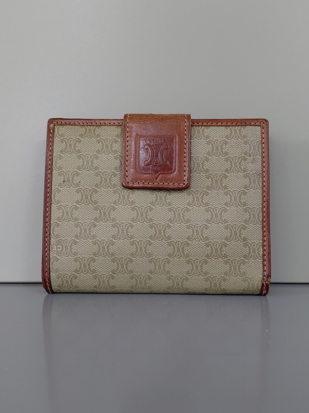 Celine Monogram Canvas Bi-Fold Wallet in Beige and Brown Leather
